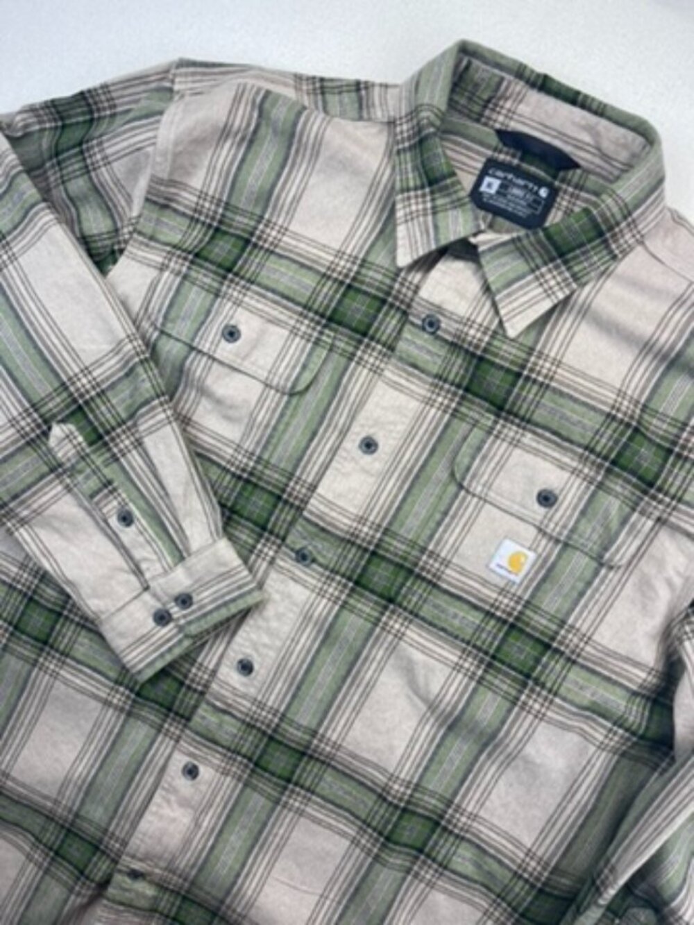 Carhartt Loose Fit Men’s Flannel Shirt XL Tan Green Plaid Long Sleeve Button Up